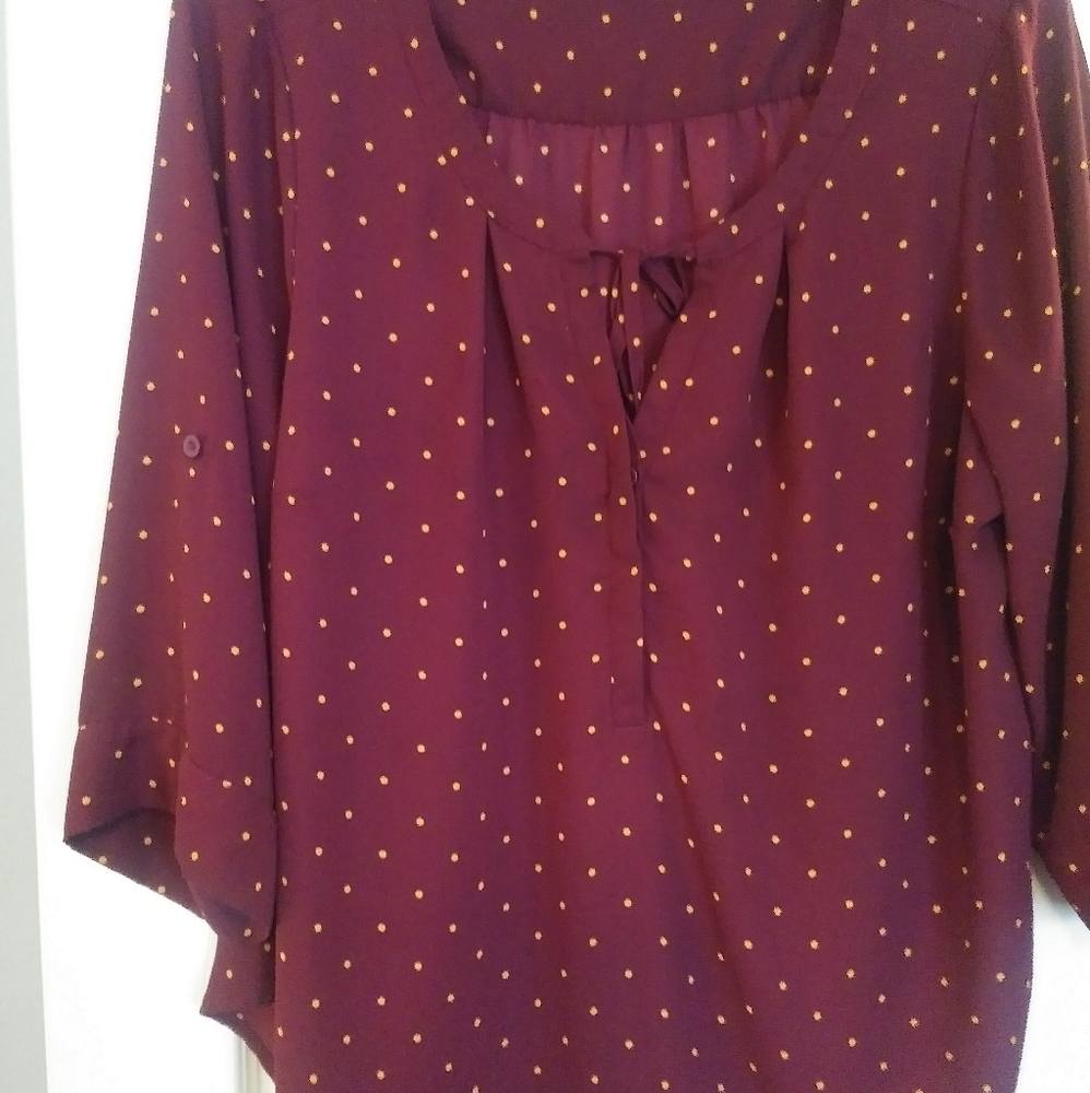 Maroon Torrid blouse polka dot gold